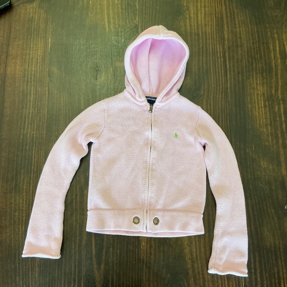 Ralph Lauren Kids Pink Full Zip Cotton Knit Hoodie Sweater Green Pony Size M